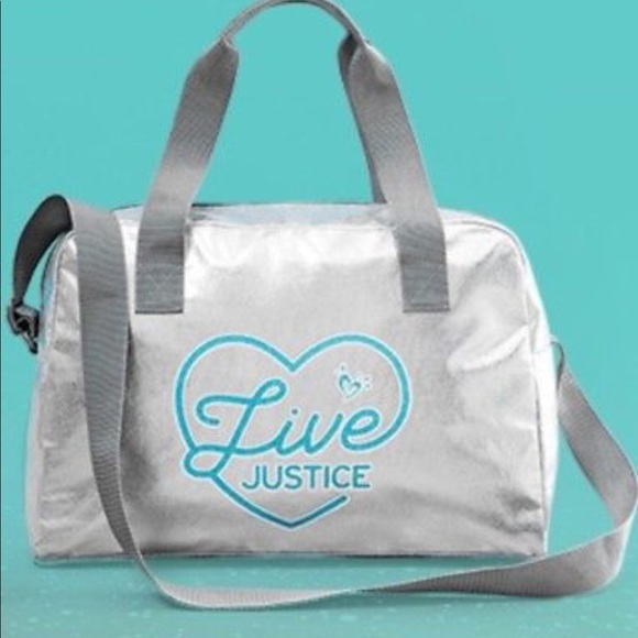 NWT Silver Justice Bag With Blue Sparkle Logo - Picture 1 of 2